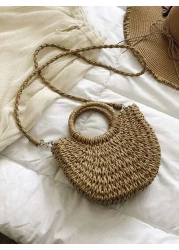 Yogodlns حقيبة كروس بودي محاكة من القش مزينة باللآليء والورد اليدوية حقيبة يد صغيرة عصرية للصيف