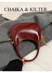 1pc CHAIKA KILTER Women Glossy PU Leather Tote Bag Fashionable Crescent Shaped Armpit Bag With Detachable Metal Chain Zipper Closure Suitable For Daily And Outdoor Use