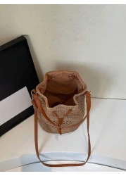 1pc Women s Khaki Drawstring Closure Straw Bucket Bag Bohemian Style Fashion Handbag Tote Bag Suitable For Holiday Travel Suitable For Gifts Parties And Other Occasions