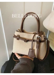 High Quality Casual Color Block Retro Canvas Leather Buckle Tote Handbag Versatile For Commuting Women