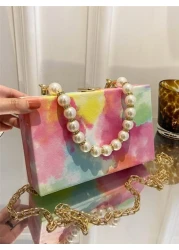 Oil Painting Colorful Metal Chain Shoulder Bag Crystal Pearl Decor Handbag Clutch Wallet Phone Bag For Daily Use And Travel Colorful Purse For Women