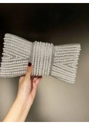 حقيبة مسائية ذو مقاس كبير عالية الجودة، من الدرجة A، مزينة بفيونكة من الراين واللؤلؤ الصناعي والكريستال اللام