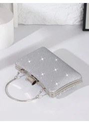 حقيبة مسائية مرصعة بالراين للنساء، مزخرفة بشكل V من المعدن المرصع بالراين، حقيبة مربعة لافتة، مناسبة للعروس و