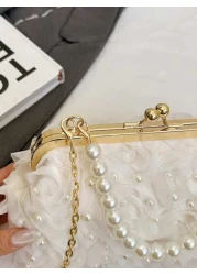 1pc White Romantic Wedding Season 2025 Spring Summer Pearl Net Yarn Flower Clip Pearls Handbag Ladies High End Luxurious Dress Evening Bag Bridal Bag For Wedding Party Banquet Elegant Pearl Bag Exquis