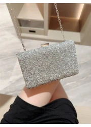 One Shiny Rhinestone Encrusted Box Shaped Evening Clutch Bag For Women Elegant Luxury Formal Dress Mini Bag For Romantic Wedding Bridal Party Prom Chain Shoulder Bag Square Purse Perfect For Party Wed