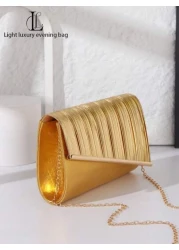 1 قطعة حقيبة سهرة مثالية وأنيقة للنساء، مذهبة وذات طيات لامعة، مزينة بخطوط معدنية، حقيبة متعددة الاستخدامات م