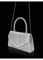 Shiny Elegant Fashionable Charming Rhinestone Flap Handbag Exquisite Women s Evening Bag Matched With Glitter Rhinestone Jewelry Three Pieces Set Luxurious And Exquisite Rhinestone Necklace Bracelet A