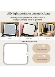 Makeup Bag With Light Up Mirror Travel Cosmetic Case Box 3 Color LED Lighted Mirror With Adjustable Brightness Waterproof Leather Adjustable Dividers Brush Organizer PU Leather Suitable For Girls And