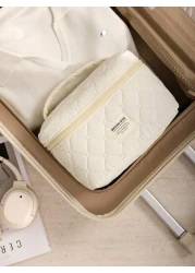 1Pc Set Beige Quilting Makeup Bag With Soft Texture Vintage Large Capacity Cosmetic Bag Travel Organizer Handheld Minimalism Cozy Foam Toiletry Big Set Lightweight Fluffy Makeup Pouch Home Decor Delic
