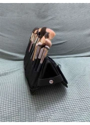 1Pc Professional Makeup Artist Folding Zipper Brush Holder With Spacious Interior Large Capacity PU14 Holes Canvas 29 Holes Cosmetic Standing Pouch With Portable Beauty Storage Bag Makeup Brush Organi