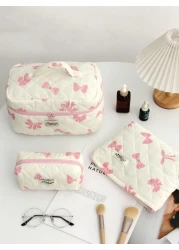 قطعة واحدة حقيبة مستحضرات تجميل محمول بمقبض مبطن بقماش كبيرة السعة للنساء لتخزين مستحضرات التجميل والفرش، من