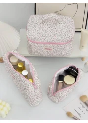 قطعة واحدة / مجموعة حقيبة مستحضرات تجميل وردية ذات طبعة زهور كبيرة السعة مبطنة مزودة بسحاب لحفظ أدوات التجميل