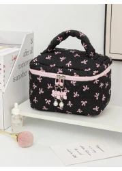 Floral Bow Decor Makeup Bag Fabric Print Zipper Pouch Sweet Style Toiletry Bag Cosmetic Bag For Home Travel Daily Use Women Makeup Organizer Makeup Storage Bag Mini Pouch Travel Small Makeup Case Acce