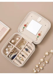1pc PU Leather Square Jewelry Box Mirror Design Jewelry Storage Case Multifunctional Desktop Organizer Box Removable Compartments Suitable For Rings Earrings Necklaces Lipsticks Makeup Organizer