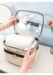 PU 2 Layers Cosmetic Bag Solid Color Travel Transparent Multifunctional Toiletry Handheld Fashionable Waterproof Large Capacity Storage Pouch Summer Travel Vacation Home Bathroom Decor Holiday Makeup