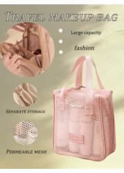1pc Large Capacity Pink Mesh Makeup Bag Portable Travel Toiletry Organizer Multi Functional Storage Pouch Zipper Bag Travel Bag For Cosmetics Skincare Phone Jewelry Small Items Gift Holiday Use Availa