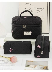 1 Piece Women s Bow Embroidered And Quilted Makeup Bag Sets Travel Cosmetic Bag With Handle Tampon Storage Bag Sanitary Pad Pouch Large Capacity Cosmetic Bag Lightweight Fluffy Filling Toiletries Bag