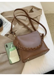 1pc Solid Color Retro Fashion Woven Zipper Bucket Bag Versatile Shoulder Crossbody Handbag Suitable For Daily Use