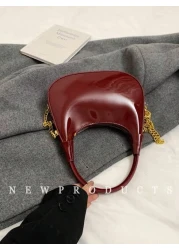 Low Tea 1pc Solid Color Glossy Patent PU Leather Shoulder Bag Women s Fashion Underarm Crossbody Crescent Bag With Ancora Red Letter Top Handle Metal Zipper Closure Metal Chain Shoulder Strap For Dail