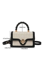 حقيبة يد من القش للسيدات مع غطاء طري ومخرم باللون المتباين والتطريز، حقيبة تسوق أنيقة للسيدات الشابة