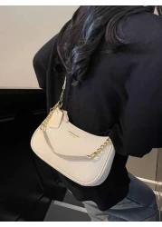 New Stylish Elegant Solid Color PU Underarm Bag With Metal Chain Handle For Women