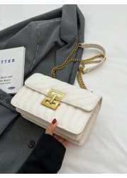 1pc Ladies Embroidery Striped Fashionable Lock Closure Square Bag Purse With Colorful Chain Suitable For Dating And Gift