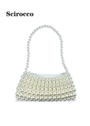 حقيبة يد كبيرة ذات مقبض من اللؤلؤ مزخرفة بالخرز، حقيبة كتف أو تحت الذراع