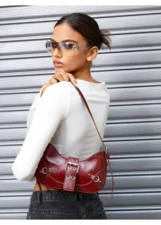 SHEIN ICON 1pc Rivet Decorated Punk Style Buckle Closure Y2K Fashion Women s Shoulder Bag Adjustable Strap For Teenagers Fashionable Burgundy Bag Valentines