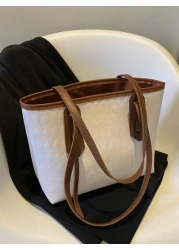 حقيبة كتف عصرية وعتيقة بنقشة شبكية مع خطوط مخيطة ومطوية بالضغط للنساء، حقيبة تسوق للترفيه