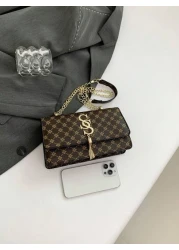 Plaid Rhombus Floral Pattern Flap Baguette Bag For Women Metal Tassel Letter Decor Shoulder Crossbody Handheld Multi Use Commute Bag