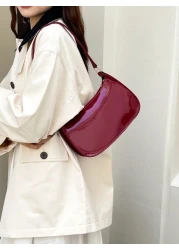 Solid Color Minimalist Zipper Closure Shoulder Bag Stylish Simple Crescent Bag Zipper Shoulder Bag Faux Leather Solid Color Purse Burgundy Bag New Year Ideal Gift Fashionable Burgundy Bag