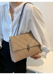 1pc Solid Color PU Leather Elegant Minimalist Stylish Stitching Metal Chain Crossbody Shoulder Bag With Flap Lock Suitable For Daily Wear Shopping Gathering And Cosmetic Storage Etc