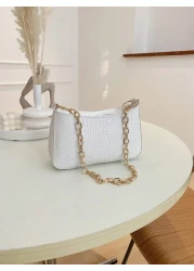 حقيبة كتف نسائية صغيرة ذات ملمس بشرة التمساح مع سلسلة