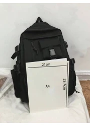 Men Release Buckle Decor Multi Compartment Backpack Schoolbag School Casual Backpack Solid Color Black Backpack For Sport Lightweight With Adjustable Strap Book Bag Large Capacity Winter Zipper Bag La