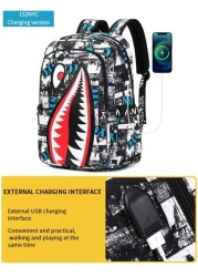 Men s Fashionable Starry Sky Print Backpack Stylish Shark Mouth Print Bookbag With Random All Over Print USB Charging Port Large Capacity Lightweight Nylon Travel Bag University Commute Backpack Fits
