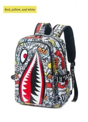 Unisex Fashion Shark Mouth Print Backpack Shoulder Bag Contrast Blue Lightning Graphic School Laptop Bag With Adjustable Strap Random All Over Printed