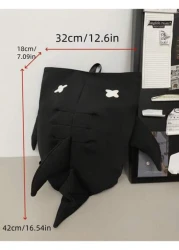 1 حقيبة ظهر رجالية بشكل سمكة القرش من النايلون الأسود، سعة كبيرة، حقيبة مدرسية للطلاب، ذات تصميم كرتوني جذاب و