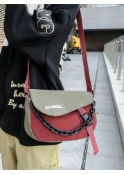 peach tree 1pc Men s Messenger Bag Bicolor Patchwork Letter Chain Decor Shoulder Bag Casual Nylon Waterproof Mini Crossbody Bag Suitable For Daily Use Halloween Christmas Gift For Boyfriend Student Ou