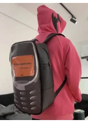 Novelty Retro Old School Shoulder Bag text Me If You Want Me Cellphone Funny Telephone Shaped Large Capacity PU Leather Rucksacks Technology Fan Toy Supplies Backpack School Backpack Students Book Bag