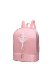 1pc Solid Color Zipper Closure Oxford Cloth Embroidered Dancer Motif Cute Backpack With Separate Shoe Compartment Suitable For Daily Use