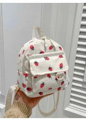 1 Piece Closed Fashionable Japanese Corduroy Stripes Small Fresh College Style Strawberry Pattern Backpack Korean Harajuku Print Small Backpack Suitable For All Occasions Comfortable And Adjustable Sh