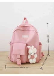 Girls Fuzzy Cartoon Rabbit Letter Patch Decor Zipper Cute Functional Backpack