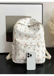 1pc White Nylon Floral Print Dual Zipper Large Capacity Fashionable Versatile Backpack Student Bag