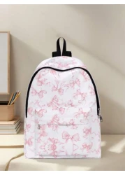 1pc Colorful Bow Backpack With Pockets Zipper Closure Suitable For Boys And Girls Stylish Everyday Use Backpack For School And Outdoor Activities