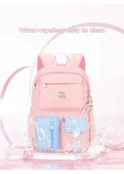 1pc Cute Dopamine Color Block Backpack With Adorable Pendant Large Capacity Girl Backpack Polyester Material Zipper Closure Suitable For School Work Commute Daily Use Back To School Gift