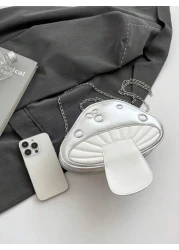 1 قطعة حقيبة رسول من مادة البولي يوريثان ذات لون أحادي على شكل فطر للبنات، مع سلسلة معدنية لحمل الكتف، غلق سحاب