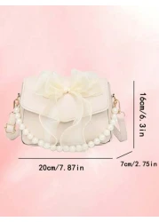 1pc Sweet Bow Solid Color Small Bag Retro Fashion Square Casual Pearl Chain Messenger Bag Cute Elegant Coin Purse Pu Material Flip Cover Magnetic Buckle Applicable Suitable For Daily Use When Out Shop