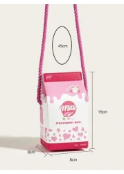 1pc Kids Pink Strawberry Cow Print PU Milk Carton Cute Cartoon 3D Fashion One Shoulder Crossbody Bag Suitable For Daily Use