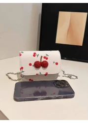Fresh Cherry Print Mini Small Bag Foreign New Summer Cute Sweet Mini Lipstick Bag Chain Crossbody Headphone Bag Shoulder Bag Korean Fashion Crossbody Bag