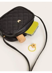 1pc Girls Black Pu Plaid Stitching Fashionable Square Shape Crossbody Bag For Everyday Use